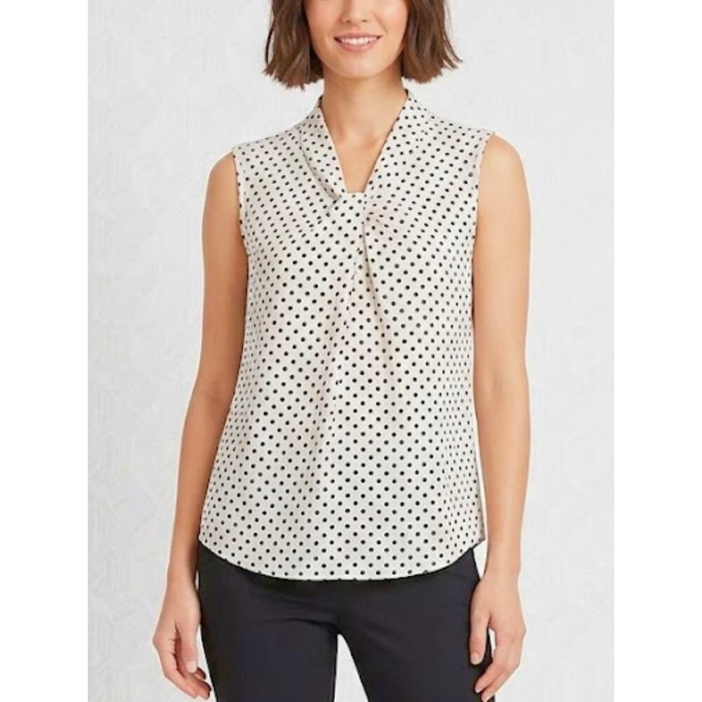 TOMMY HILFIGER Cream & Black Polka Dot Twist Neck Sleeveless Blouse, L